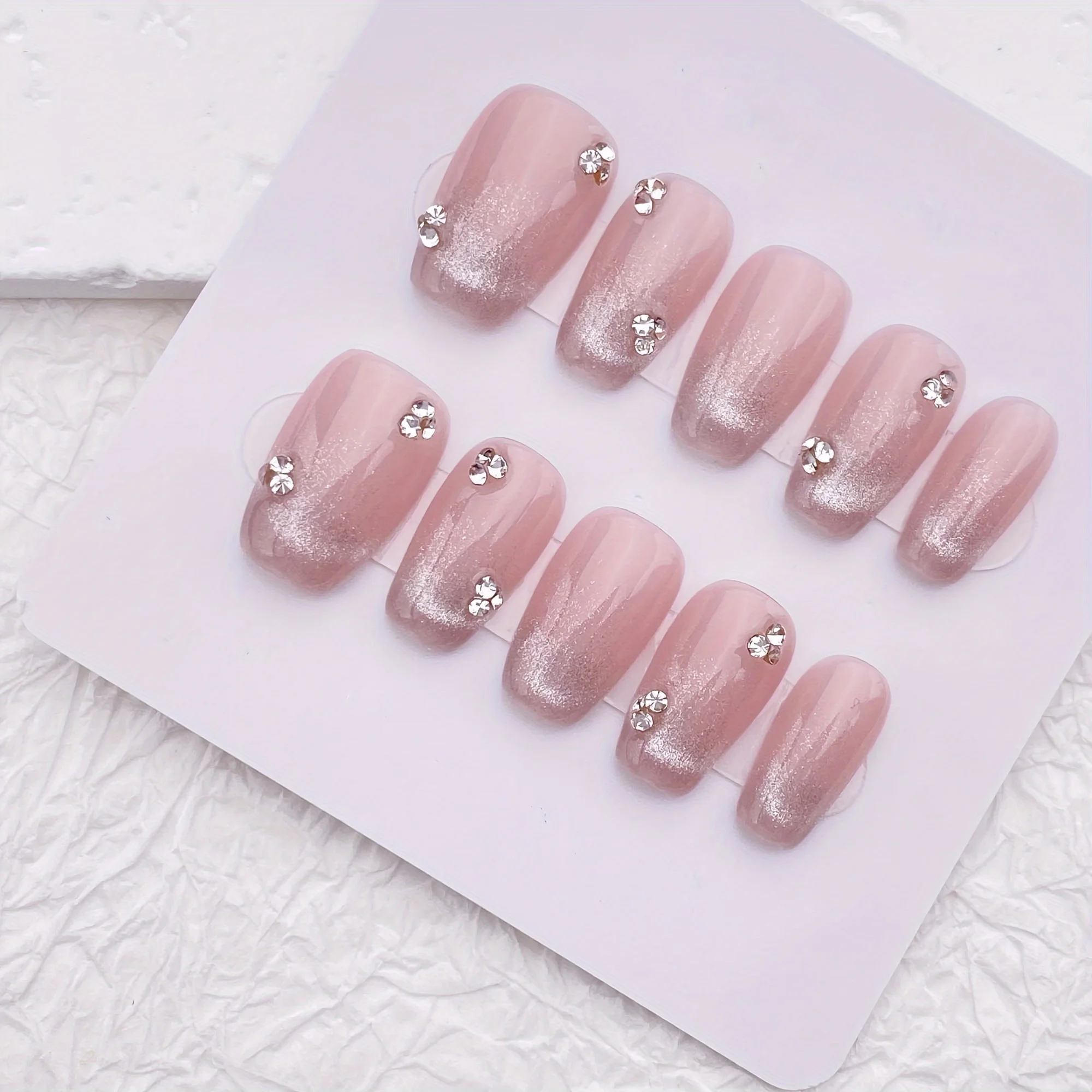 10pcs Handmade Press On Nails,Cat Eye Light Pink Glossy Short Press on Nails/Rhinestones Glitter Short Nila/Handmade Faux Trendy