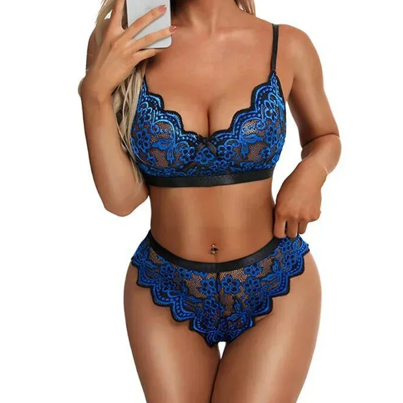 Top Fashion Sexy Lace Floral Two-piece Bra Underwear Set Spaghetti Strap Bra and Panty Set Women's Lingerie Fan-shaped Lingerie