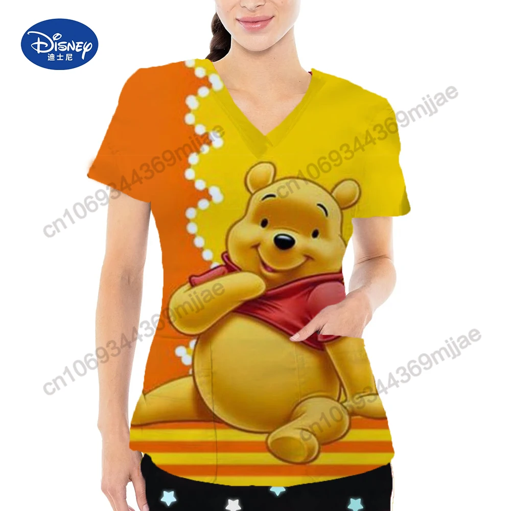 2024 Summer New Pretty Disney Cartoon pattern Double Pocket V-Neck Design Style Comfortable Clothing Female nurse\'s uniform