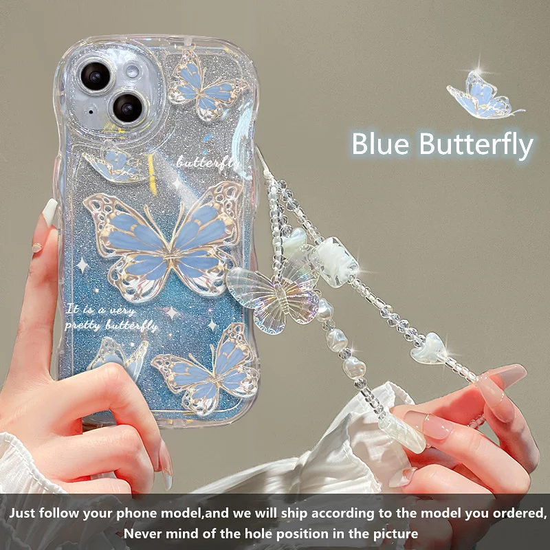 Fashion 3D Butterfly Bracelet Chain Phone Case For Samsung A04 A04S A04E A13 A73 A12 A22 A32 A52 A52S A72 A51 A71 A30 A50 Cover