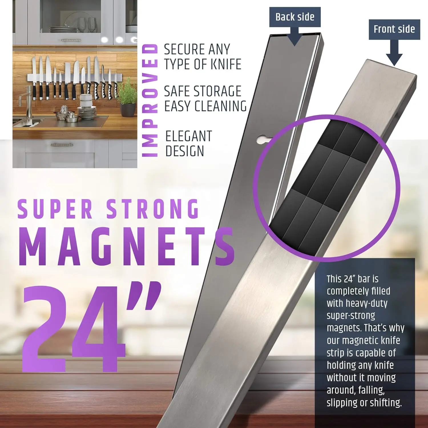 Heavy-Duty Magnetic Knife Holder for Wall - Premium Stainless Steel Magnetic Knife Strip