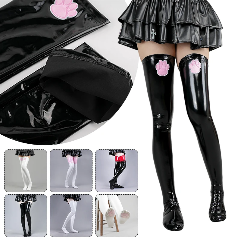 Cute Cat Paw Leather Thigh High Latex Women's Glossy Long Socks for Party Club Cosplay Lingerie Sexy Skinny Catsuit Stocking