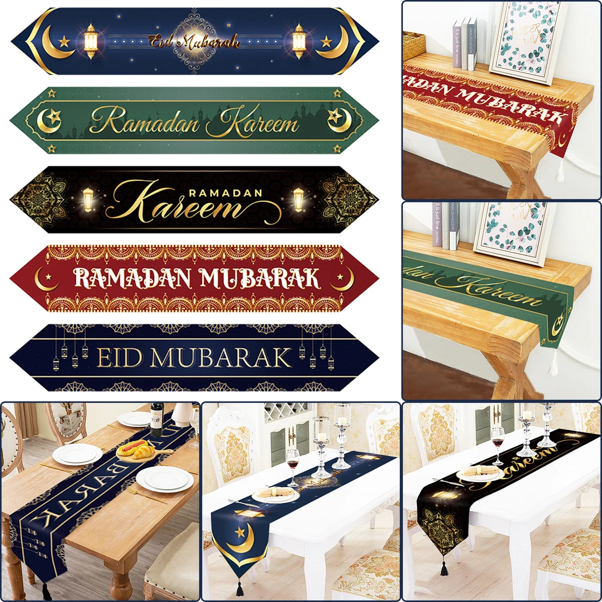 Eid Mubarak Table Runner Ramadan Kareem Table Cloth with Tassels Rectangle Tablecloth for 2025 Eid Al-fitr Party Decor  Supplies