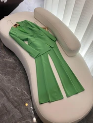 Designed Vintage Lady Office Basic Solid Suit Single Button Slim Fitted Blazer Loose Flared Pants Women 2Pcs Green