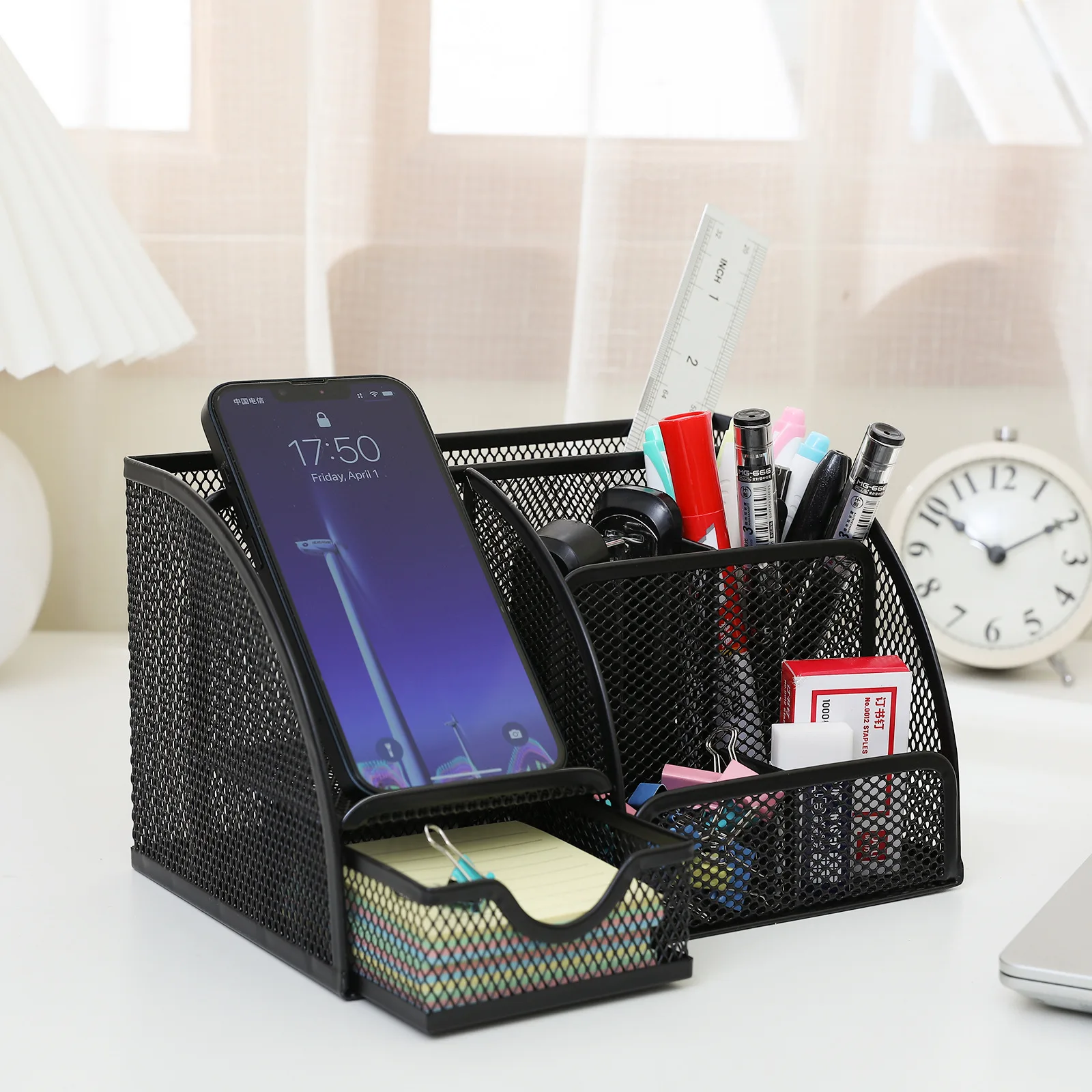 1pc Pen Holder Large Capacity Metal Desktop Storage Box For Office And School Supplies JJ1857