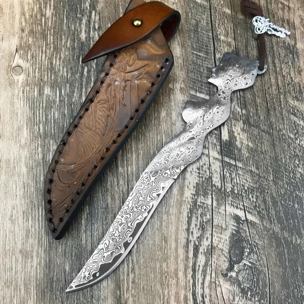 

Коллекционный мини-нож с фиксированным лезвием, нож из дамасской стали, портативный нож для выживания на открытом воздухе, острый инструмент для резки (с кобурой)