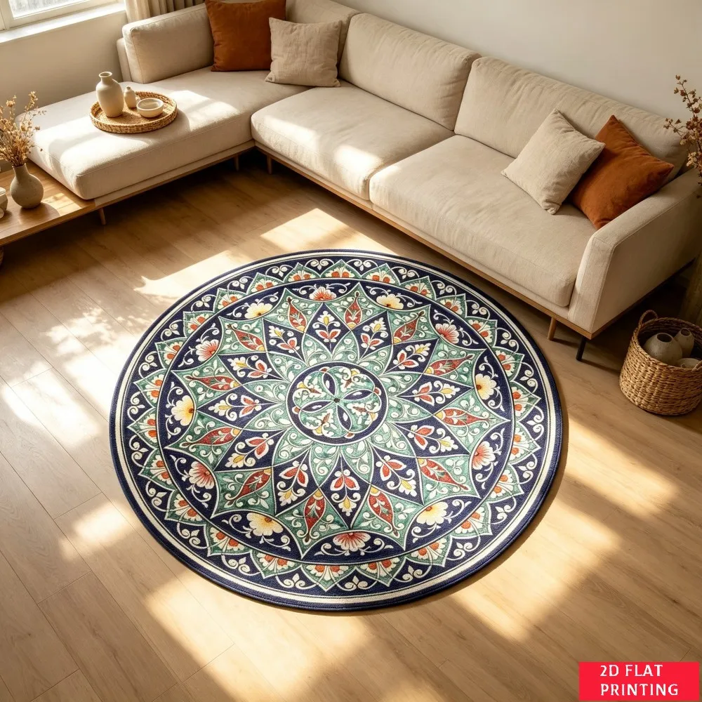 Traditional Persian Style Red Green Yellow Mandala Round Carpet For Boho Living Room Or Prayer Space With Ornate Floral Mat
