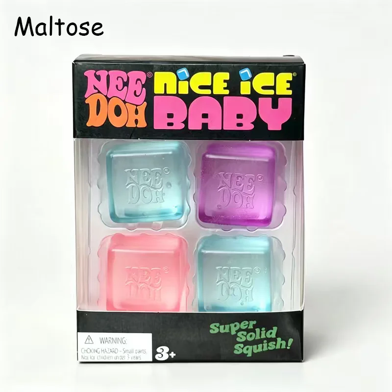 Needoh Nice Ice Mini 4 Pack Cube Squeeze Toy Clear Glitter Elastic Soft Anxiety Relief Tension Release Sensory Office Fidget