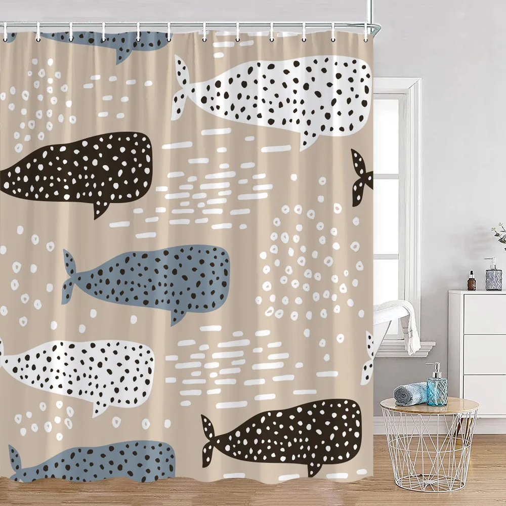 Ocean Animals Nautical Cartoon Shower Curtains Tropical Fishes Sharks Shell Sea Turtle Bathroom Decorations Kids Bath Curtain wi