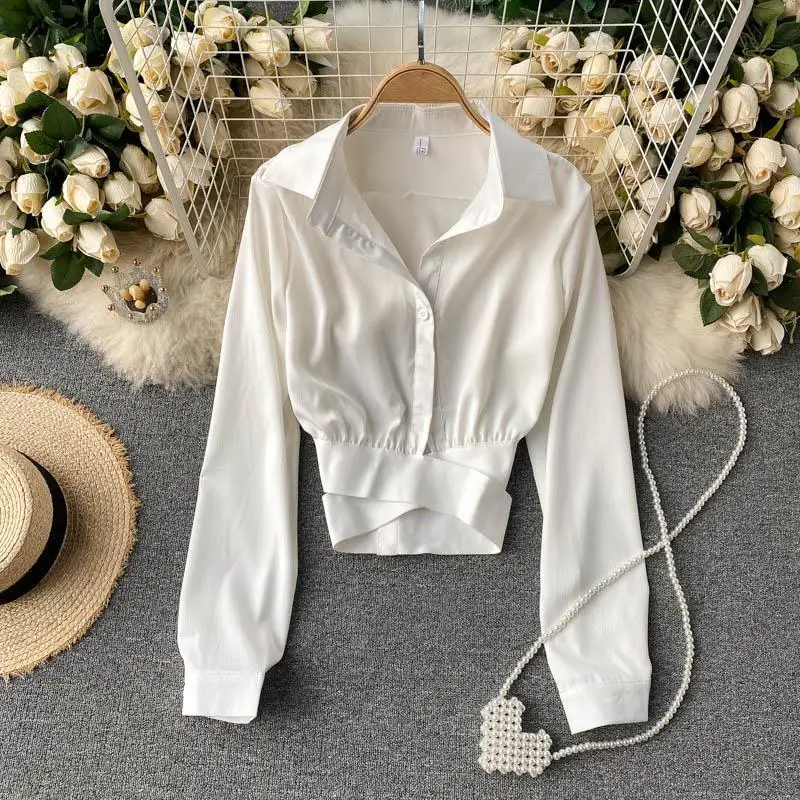

2025 Early Autumn New White Shirt Women Y2k Lace Up Slim Waist Blusas De Mujer Fashion All-match Long Sleeve Blouses