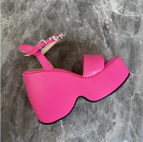 

Hot Pink Lavender Soft Leather Thick Sole Platform Wedges Summer Sandals Bling Crystal Rhinestone Ankle Strap High Heel Shoes