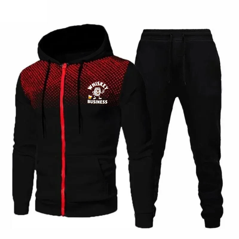 Set Jaket Pria Hitam Merah Gradasi Cetak Logo WHEAT BUSINESS Hoodie Zip-Up Sweatshirt untuk Pakaian Olahraga Kasual Luar Ruangan