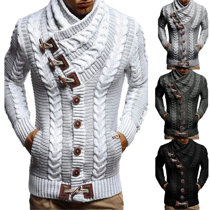 

Single Breasted Men Cardigan Solid Sweater Long Sleeve Turtleneck Spliced Pockets Loose Casual Slight Strech 2025 Autumn