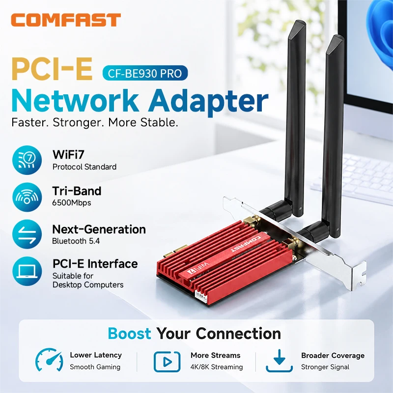

COMFAST CF-BE930PRO WiFi 7 PCIe Wireless Adapter 9334Mbps Tri-Band 2.4/5/6GHz Bluetooth 5.4 QCA WCN7851 Chip for Windows 11
