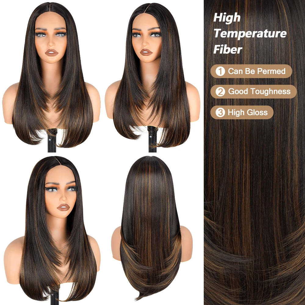 Perruque Lace Front Wig Synthétique Sans Colle, Cheveux Lisses, Pré-Épilés, Naissance des Cheveux Naturelle, à Reflets Couchés