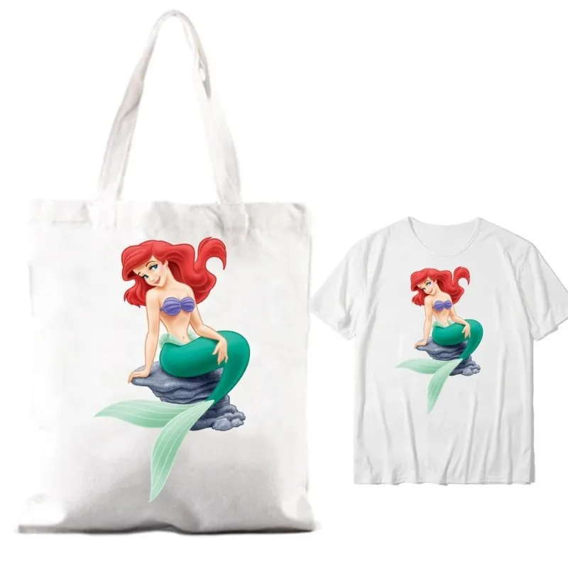 MINISO Little Mermaid Ariel Women Shoulder Bags Couple Combination Clothes Short Sleeve Collar Fashion T shirt Man Cotton