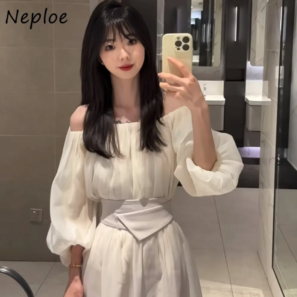 

Neploe Ball Gown Ruched Lantern Sleeve Sweet Shirts Preppy Style Slash Neck Off Shoulder Tops Japan Chiffon All-match Blouses