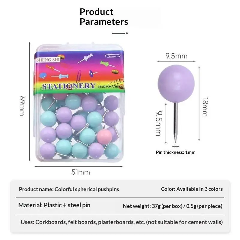 Pastel Macaron Colored Round Ball Push Pins Sharp Steel Tip Sturdy Build For Office Home Cork Board DIY Craft Projects