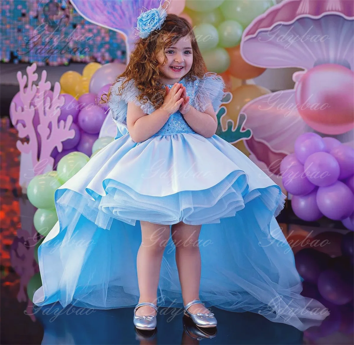 

Azure Flower Girl Dress Pearl Beading Stones Top with Puffy Skirt Party Toddler Dress Long Train Ball Gown Princess