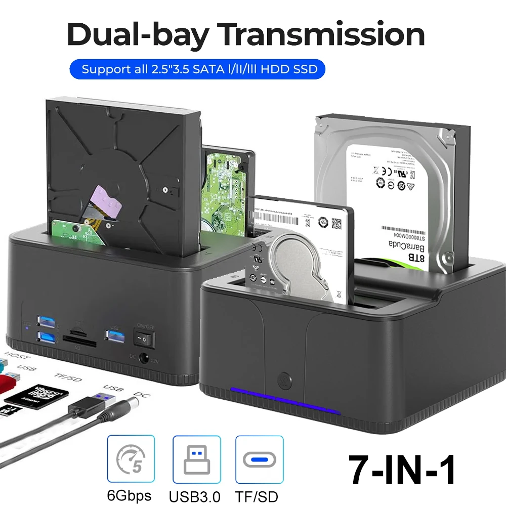 

Dual-bay Hard Drive Station USB3.0 5Gbps Type-C HDD Docking Station with 12V 3A Power Adapter for 2.5/3.5Inch HDD/SSD TF SD Card