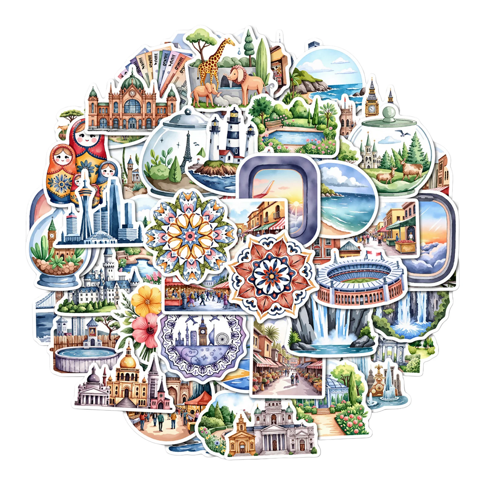 

Watercolor Travel Stickers 50Pcs Waterproof DIY Decals with Durable Adhesive for Journal Phone Laptops Scrapbooking