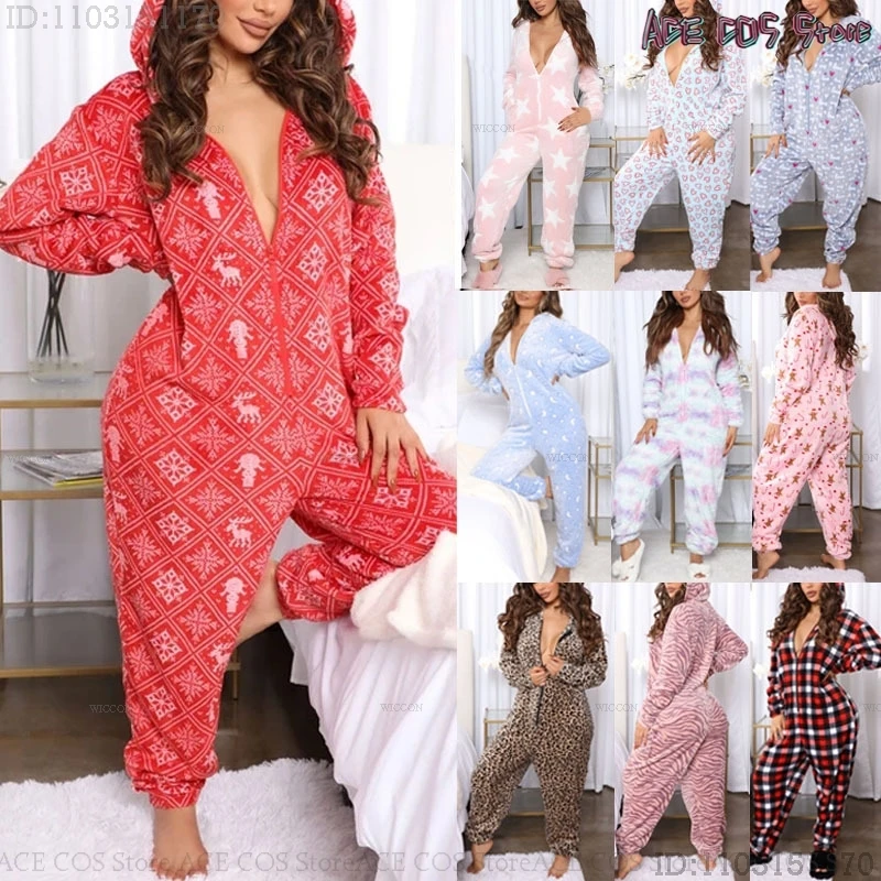 Women Cute Pajamas Christmas PJ Printed Onesies Bodysuit Jumpsuit Homewear Suit Sleepwear Female Autumn Winter Warm Nightgown