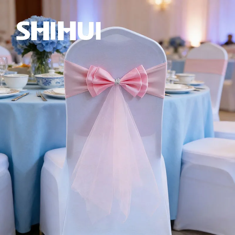 6/8/10/12 Pcs Chair Sashes Tie Gauze Knot Back Elastic Band Stain Grenadine Belt Bow For Banquet Wedding Party Event Decoration