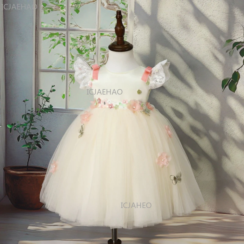 Baby Girl One-Piece Dress 2026 New 3D Floral Backless Princess Birthday Party Occasion Clothes Flower Pageant Host Gown Children