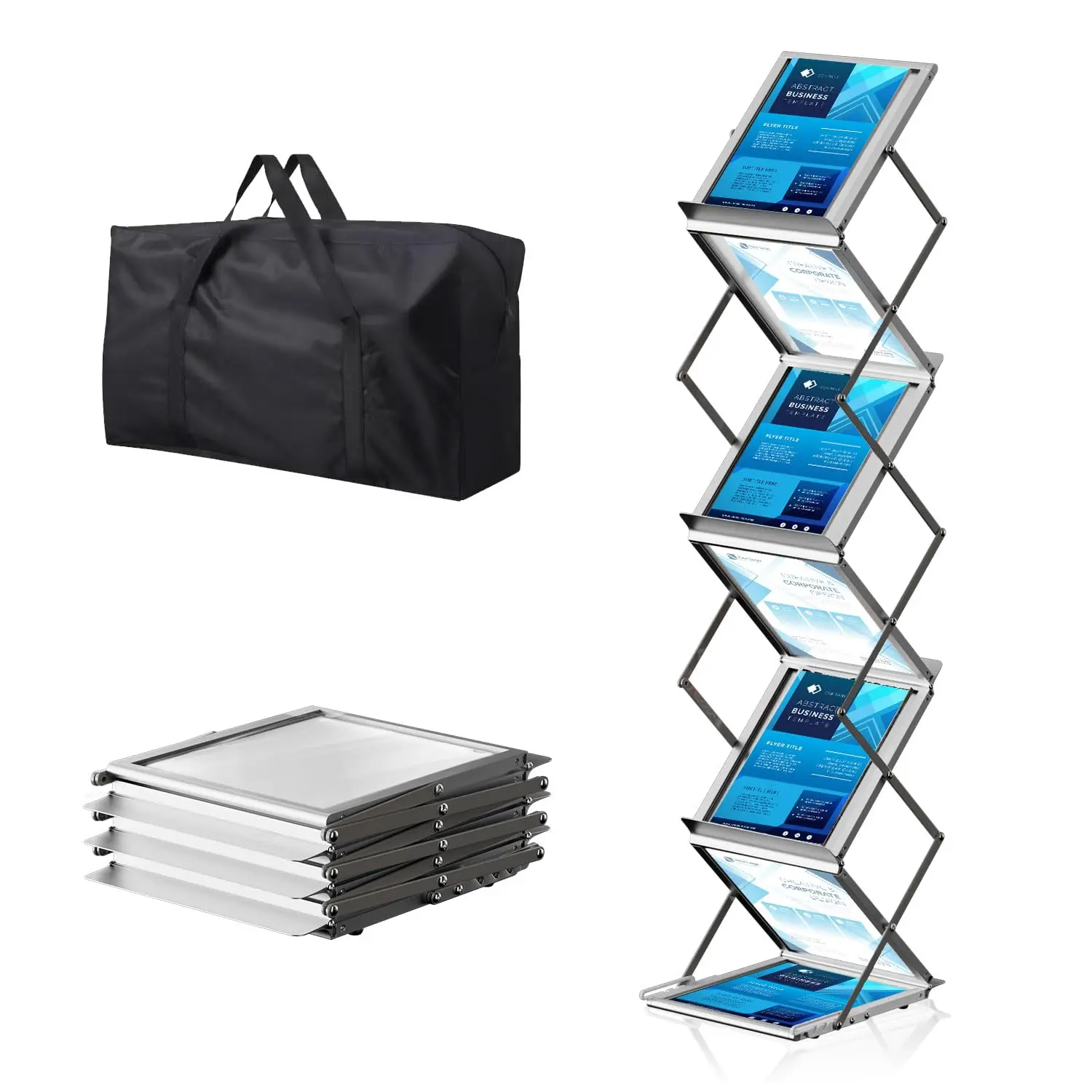 6-Tier Collapsible Aluminum Brochure Display With Clear Acrylic Pockets And Portable Carry Bag For Exhibitions, Offices, Retail