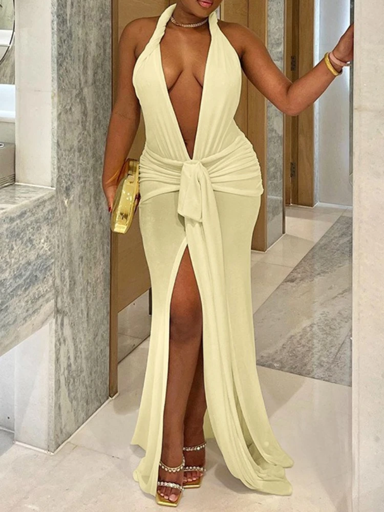 

2025 Summer New Women's Peach Hip Sexy Dress Female Backless Sexy Thin Backless V Bow Tie Ribbon Birthday Party Dress Ladies