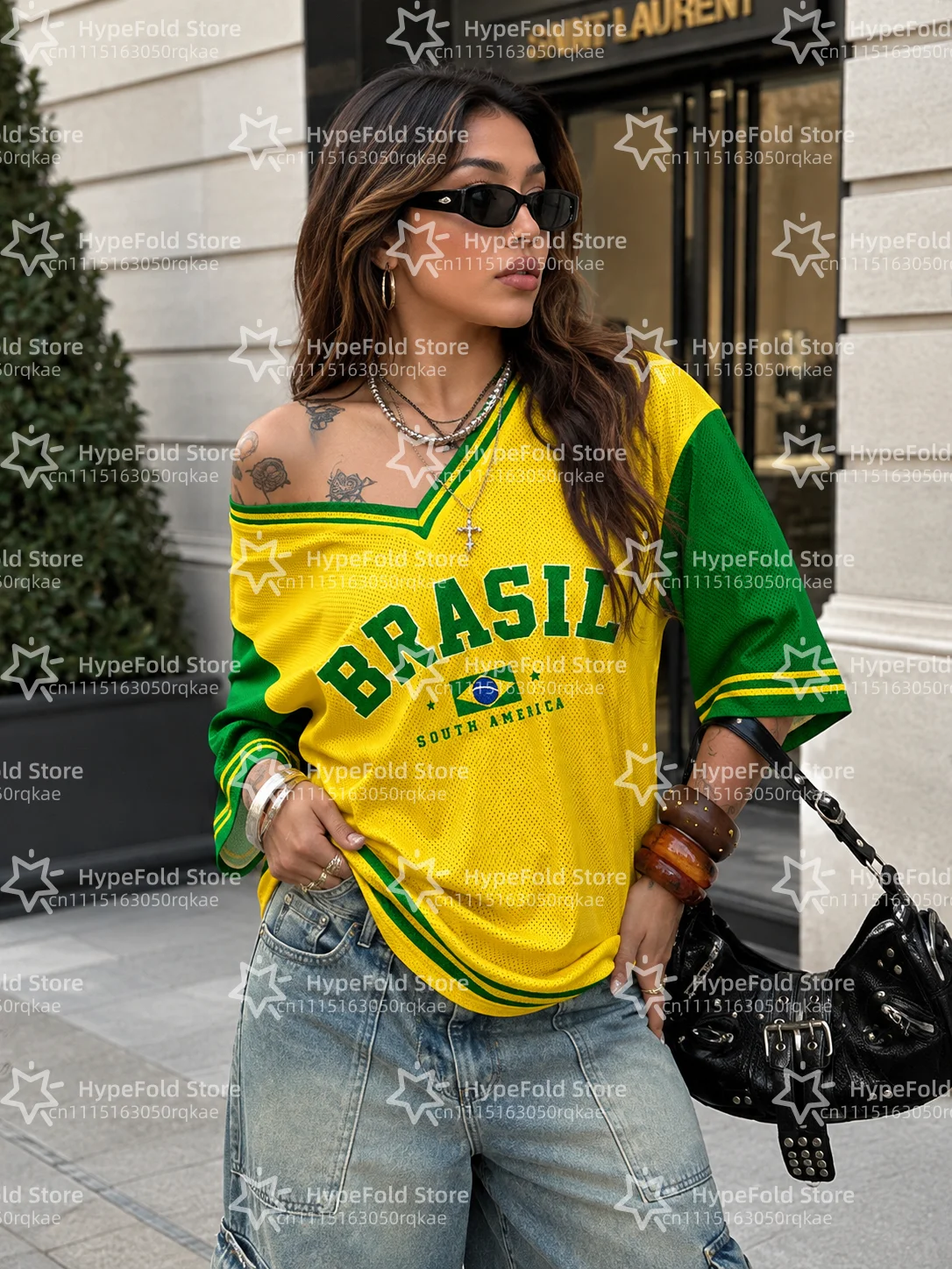 Summer New Brazil Print T Shirt For Women V-Neck Patchwork Short Sleeve Sports Football Jersey Y2K Loose Oversized Vintage Tops