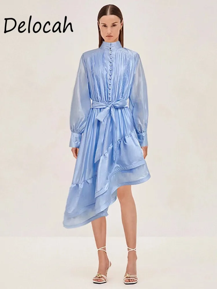 

Delocah New Sky-Blue Long Sleeve Single Button Stand Round Neck Asymmetrical Ruffled Mid-Calf Length Formal Unique Dress