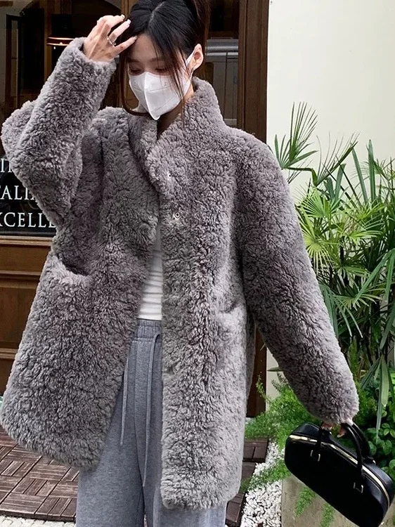 

2025 Winter New Sle Lazy Feel Fur Medium-Length Stand Collar Thiened Cotton Eco-Friendly Plu Women's Jaet Coat