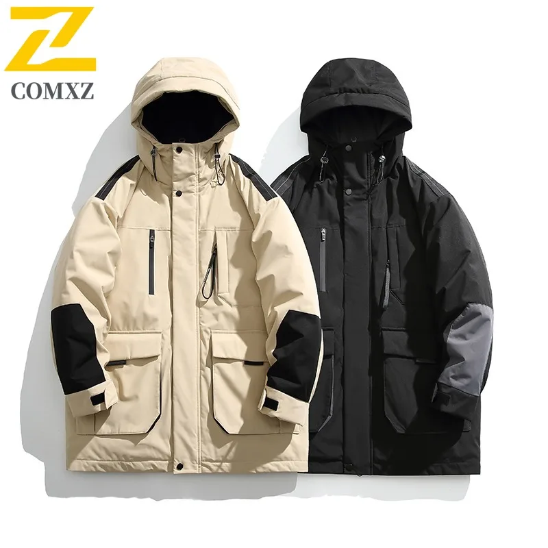 

COMXZ Winter Down Jacket Men's high quality Thick Waterproof Hooded White Duck Down Coat Men Casual Zipper Pocket Puffer Jacket