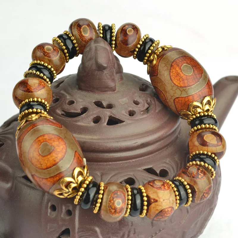 Natural Tibetan Agate Three Eye and Nine Eye DZi Bracelet for Men and Women