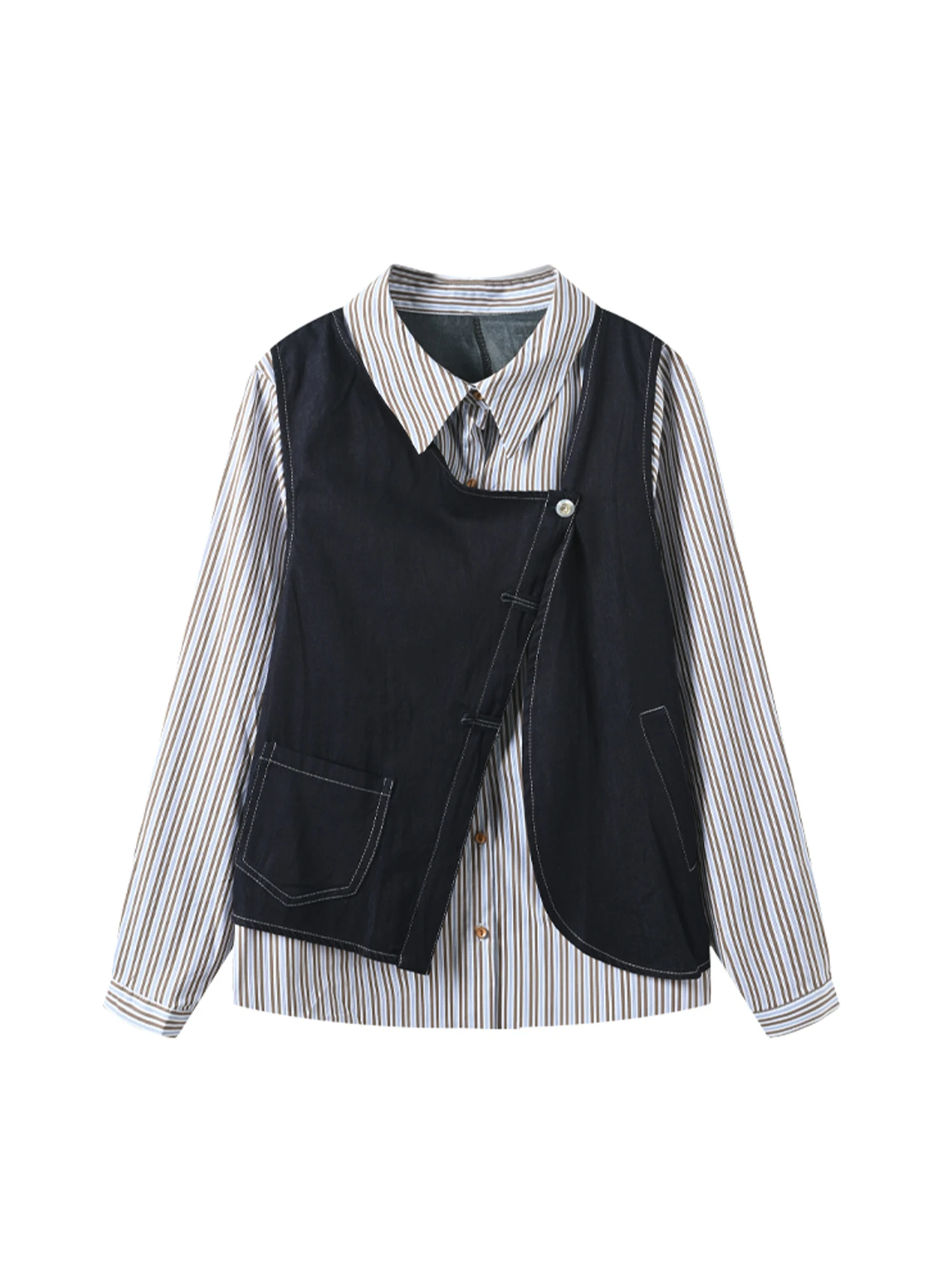 

Женские джинсовые лоскутные рубашки в полоску, блузки, винтажные эстетические элегантные рубашки-поло с длинными рукавами 2000-х годов, одежда, осень-весна