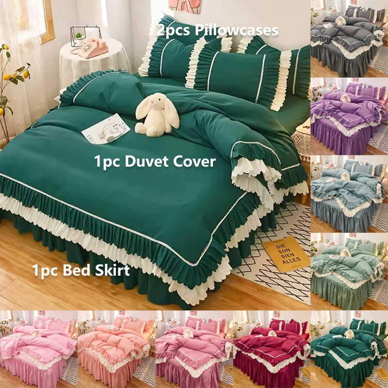 

4PCS Lace Ruffle Bedding Set Luxury Girl Princess Bedspread Bed Skirt Duvet Cover Pillowcases Quilt Cover Twin Queen King 이불커버세트