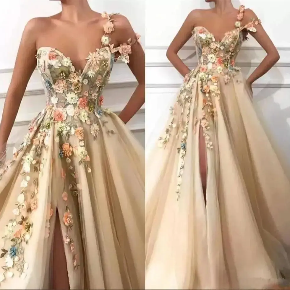 

One Shoulder Tulle A Line Long Prom Dresses 3D Floral Lace Applique Beaded Split Floor Length Formal Party Evening Dresses 2023