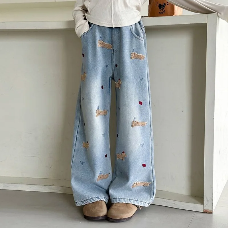 Girls' Springtime Embroidered Denim Jeans - Soft and Comfortable, Loose Straight-Leg Pants - Girls' Clothing Playful Prints