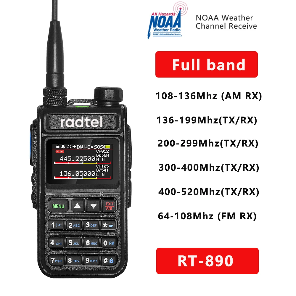 Radtel RT-890 Two-Way Radio Walky-Talky AM Aviation Air Band Ham Color LCD Police Marine HT, Full Band Ham, 999 CH, 136-520Mhz