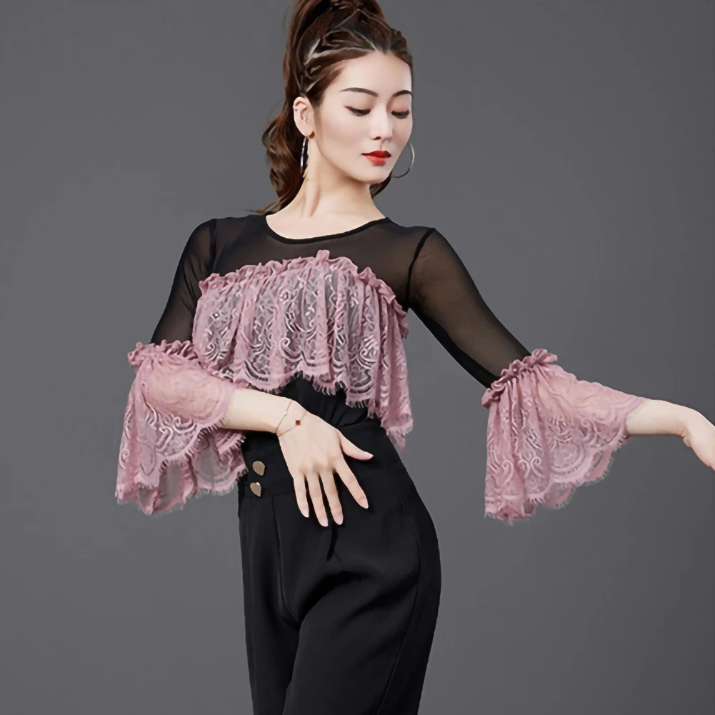 シャツダンス服 レディース トップス トランペットスリーブ グレーブルー ボールルームダンス 新スタイル ジャンプスーツ レッド ラウンドネック モダンダンストップ