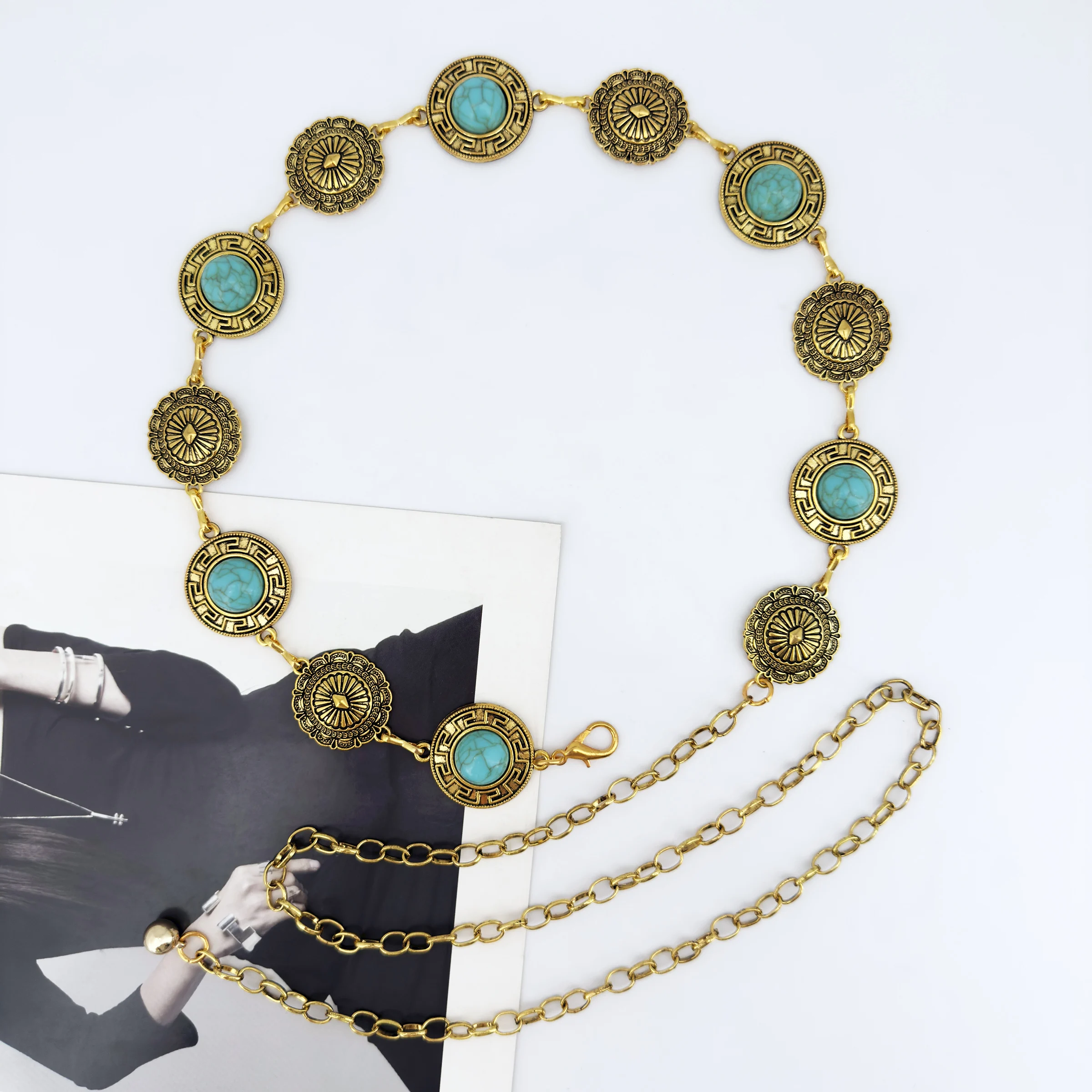 1 piece of retro gold circular inlaid turquoise women's fashionable metal belt Y2K luxury dress decoration accessory waist chain