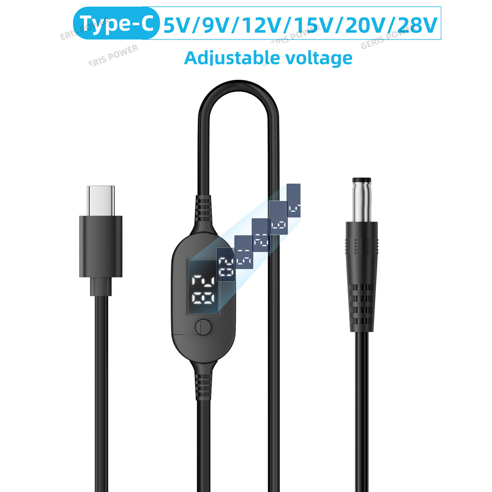  ​U​SB C PD to DC 5V 9V 12V 15V 20V 28V Adjustable Voltage Power Boost Cable 140W 5.5X2.5mm Universal Adapter Cord for Laptop 