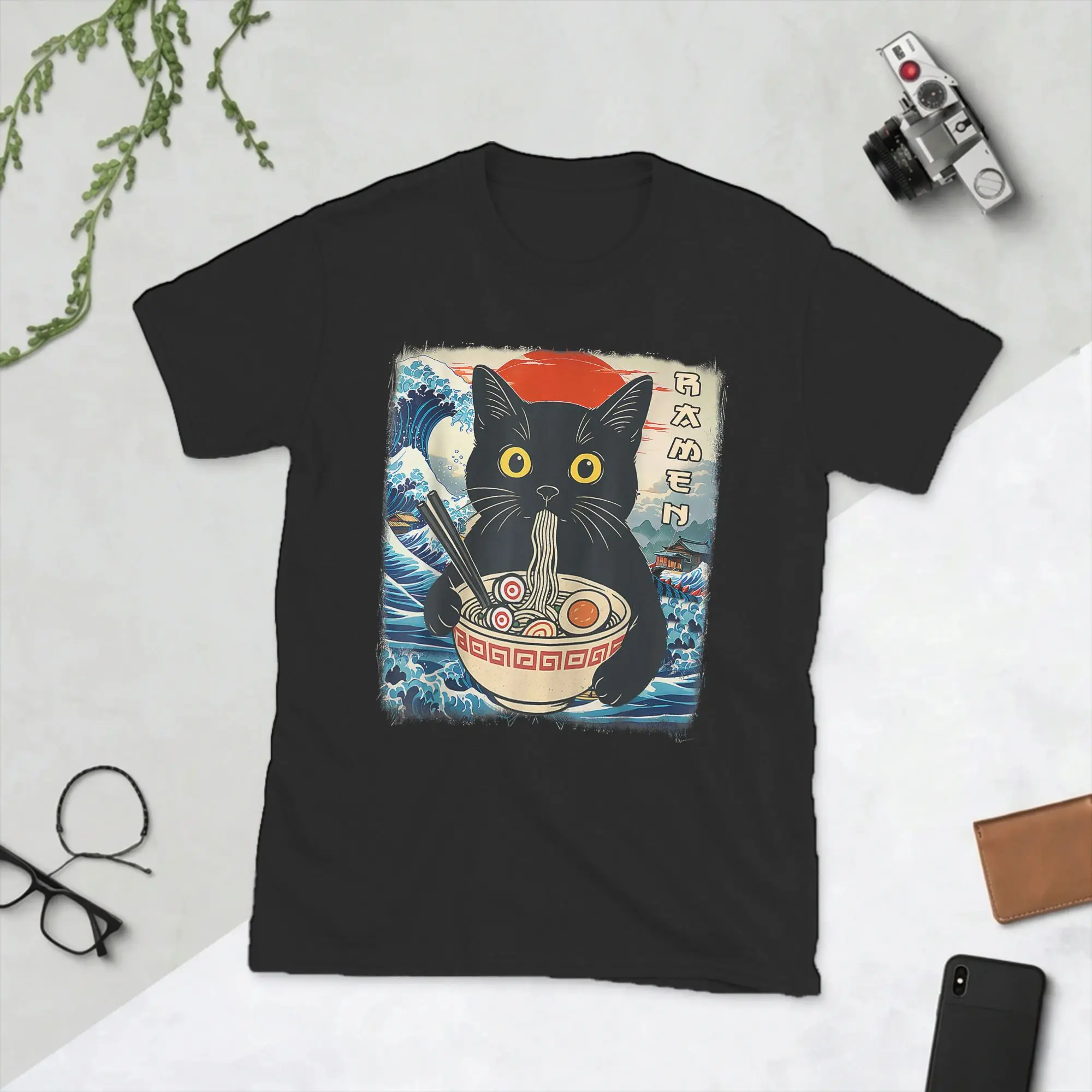 Japanese Black Cat Ramen T-Shirt for Men Kawaii Noodle Cat Leisure Cotton Tee Shirt Round Collar Short Sleeve T Shirts