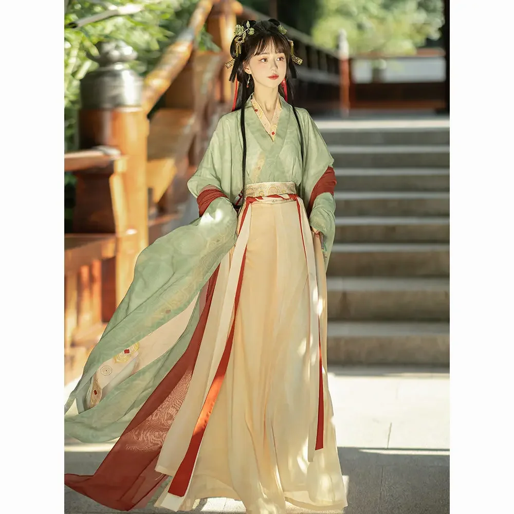 طقم فستان هانفو نحيف ، جنية الأميرة القديمة ، طباعة ، حزام خصر يومي ، طراز هاي الصيني ، الربيع ، كلاسيكية