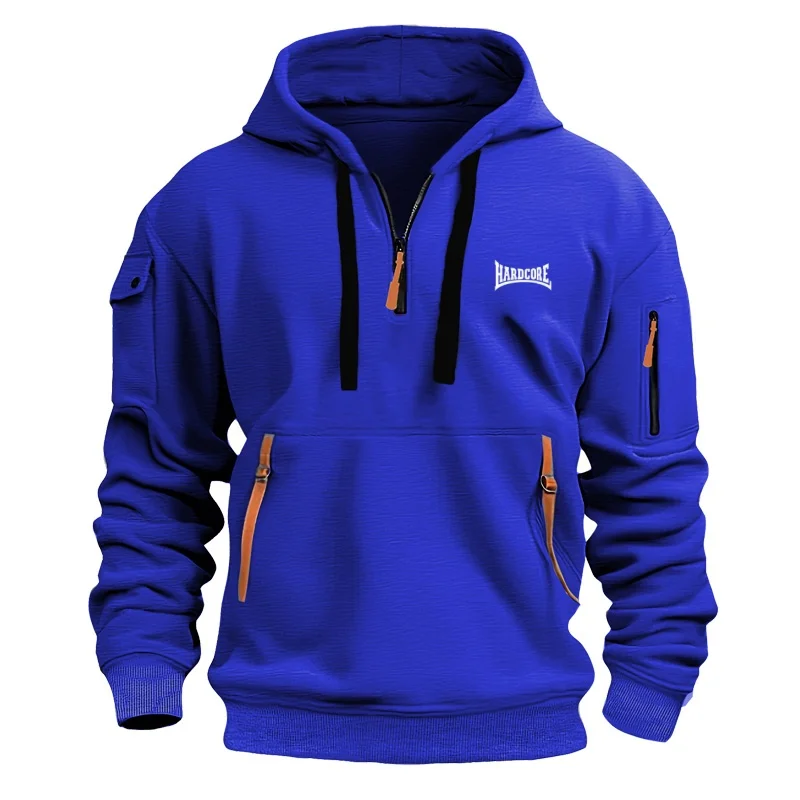 

A Fashionable and Casual Loose Men's Hoodie, a Long-sleeved Half-zipper Multi-pocket Ribbon Men's Pullover from Harajuku