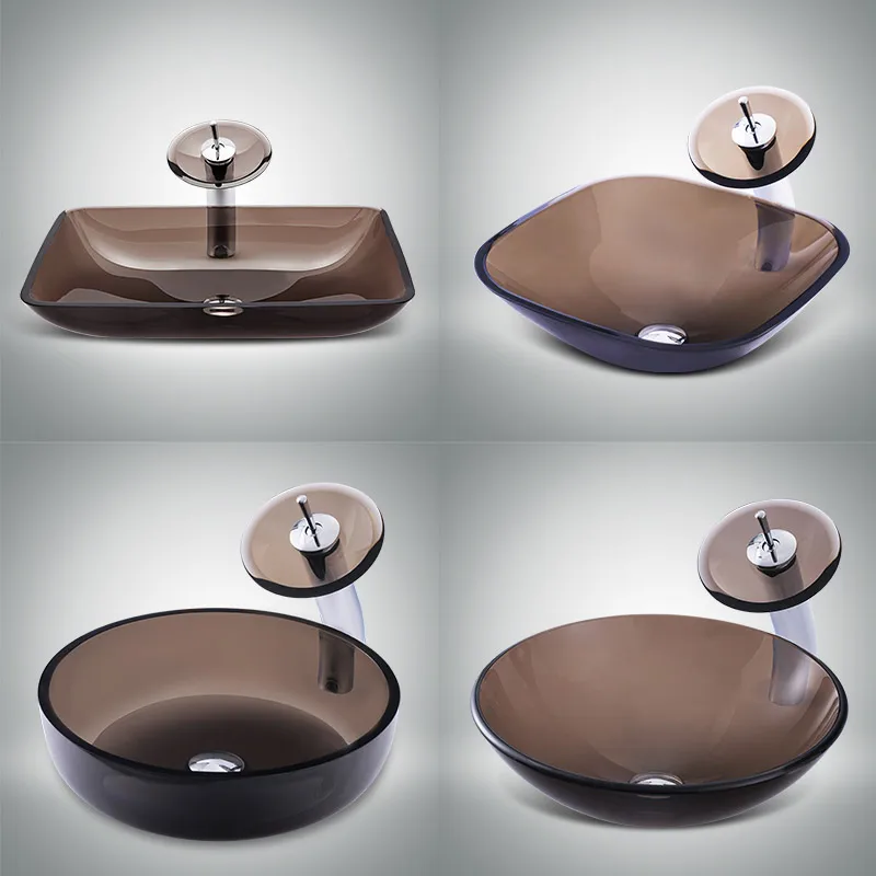 Bathroom square tempered glass counter basin modern simple wash basin household transparent gray art basin brown