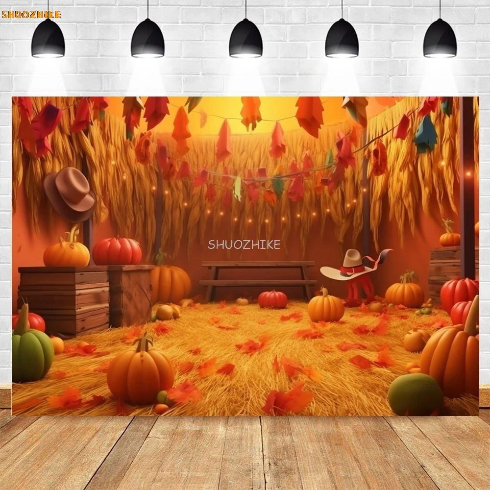 Autumn Thanksgiving Photography Backdrop Fall Barn Wooden Door Harvest Background Pumpkins Maple Baby Shower Birthday Decor