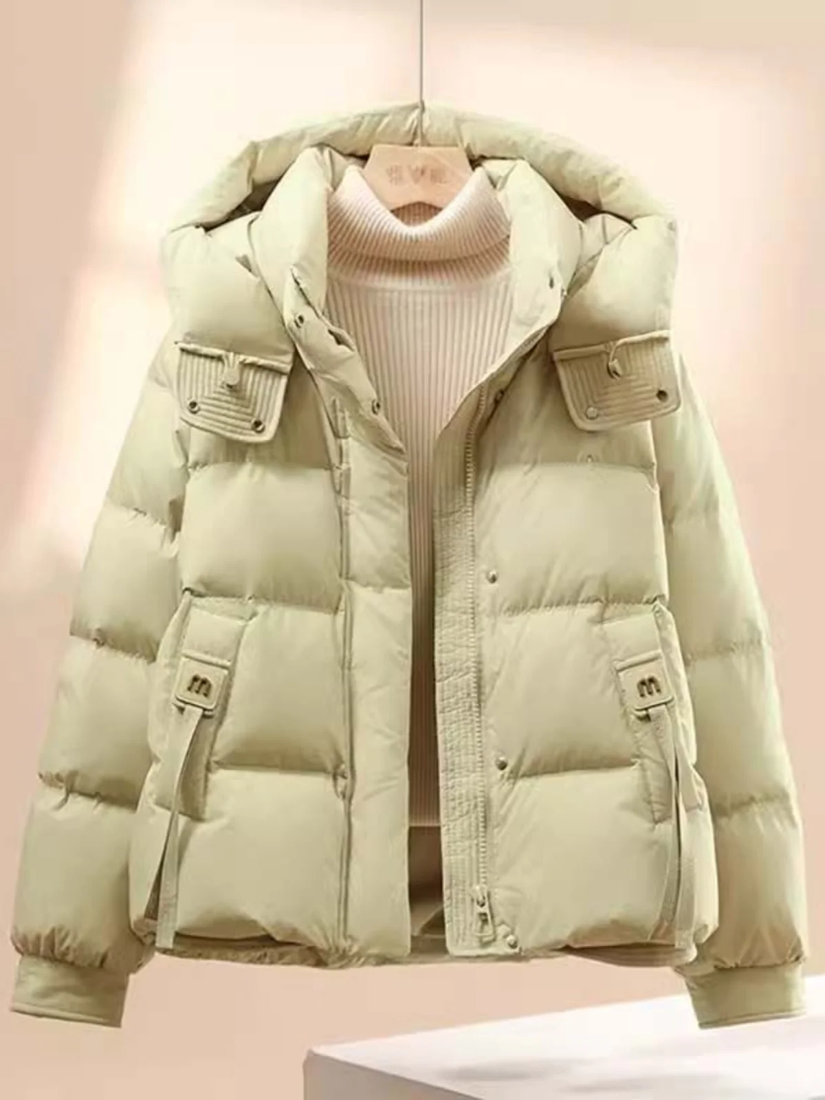 

Thickened Winter Jacket Women's Green Anti-Aging down Cotton Puffer Coat Stylish Simple Short Outerwear Warm Bread Style Coat
