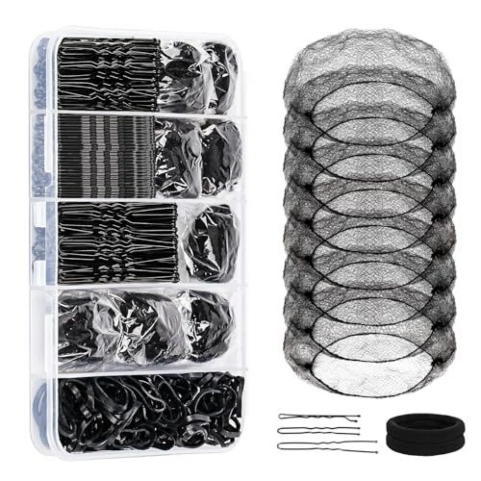Gummiband-Haargummis, unsichtbares Haarnetz-Set, U-förmige Clips, gerade Clips, verpackte Gummibänder, Haarringe – Detail 1